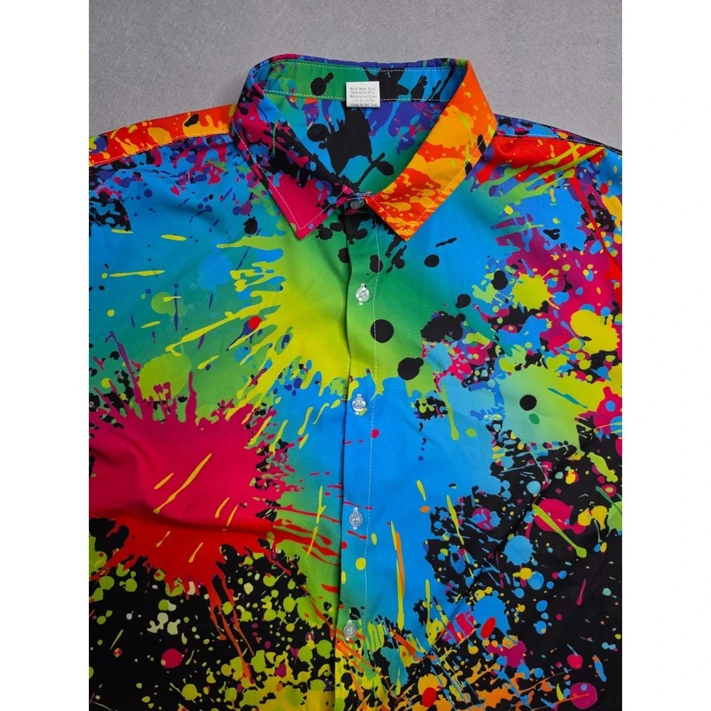 Men's Hawaiian Shirt XL Multicolor Paint Splatter Stretch Short Sleeve Button-Up - Picture 3 of 7